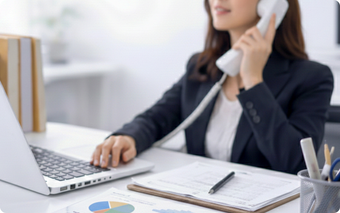 オフィスで電話をする事務スタッフのイメージ写真